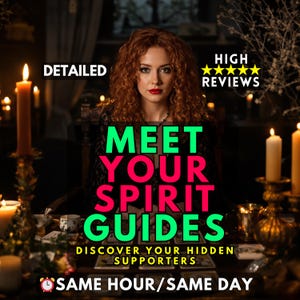 Peut inclure: Image promotionnelle avec une femme au centre, entourée de bougies. Le texte "MEET YOUR SPIRIT GUIDES" est mis en évidence, avec "DISCOVER YOUR HIDDEN SUPPORTERS" en dessous. Le texte supplémentaire comprend "DETAILED" et "HIGH REVIEWS". Thème : guidance spirituelle.