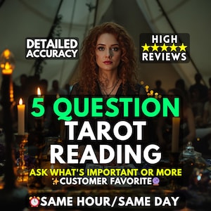 Puede incluir: Un anuncio de un servicio de lectura de tarot. La imagen presenta a una mujer con cabello rizado rojo, con texto superpuesto que dice "5 QUESTION TAROT READING". El texto adicional incluye "Precisión detallada", "Reseñas altas" y "Mismo día".