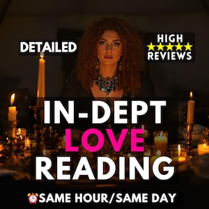 May include: An image promoting an in-depth love reading. The text includes "Detailed" and "High Reviews" with four gold stars. The image features a woman with red curly hair, wearing a dark top and a statement necklace, surrounded by candles.