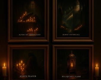 Gotische kathedraal kunstprints bij kaarslicht – Donkere luxe digitale muurdecoratie