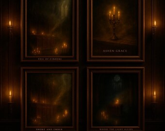 Kunstprints van een gotische kathedraal bij kaarslicht | Donker luxe interieur (digitale download)