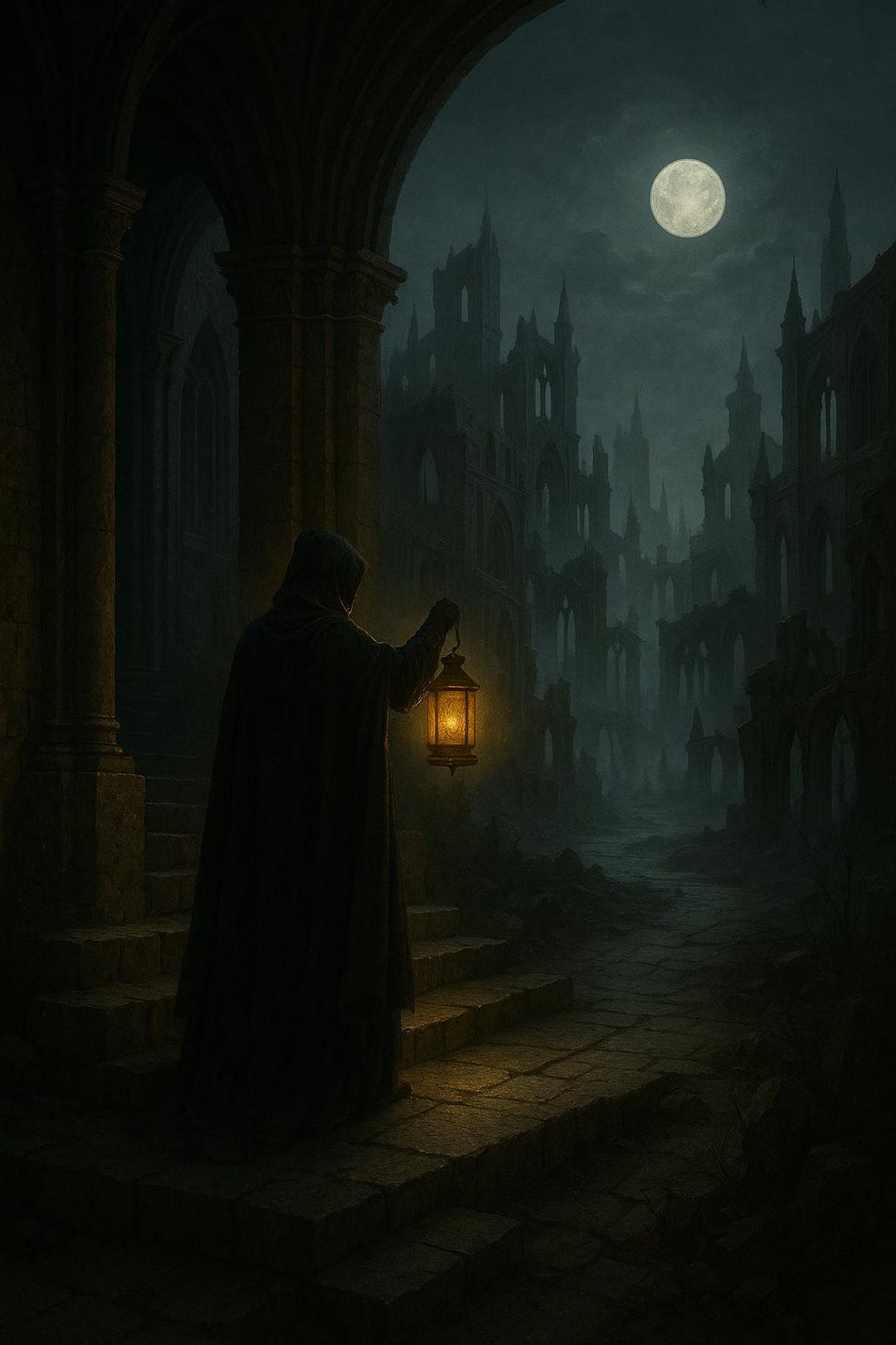 Gothic Lantern Wall Art – Dark Cathedral Ruins Print, Cloaked Figure ...