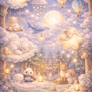 Può includere: Illustrazione onirica intitolata "Final Dream Scene" raffigurante una scena notturna con una luna a mezzaluna, nuvole, stelle e vari animali. Orsi, uno squalo, un elefante, un panda, una volpe e una giraffa sono presenti. Lanterne e cielo stellato creano un'atmosfera magica.