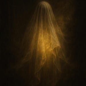 May include: A ghostly figure draped in a flowing, translucent fabric, illuminated with a warm, golden light. The ethereal form is set against a dark, shadowy background, creating a mystical and otherworldly atmosphere. The image evokes themes of mystery and the supernatural.