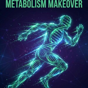 Puede incluir: Portada de libro con el título "THE GENE-BASED METABOLISM MAKEOVER" en azul y verde. Una figura corriendo está superpuesta con un diseño de hebra de ADN brillante. El nombre del autor, Ranjit Singh, está en la parte inferior.