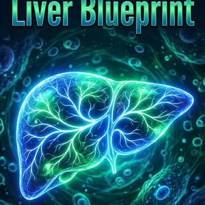 Könnte beinhalten: Buchcover mit dem Titel "The Neurodivergent Liver Blueprint" in Blau und Grün, mit einer leuchtenden Leberillustration. Der Name des Autors, Ranjit Singh, steht unten. Der Hintergrund ist dunkelblau mit leuchtenden Zellen.