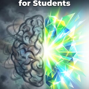 May include: Book cover with the title "Brain Fog Breakthrough for Students" in white and yellow text. The image is split, with a dark, cloudy brain on the left and a bright, geometric design on the right. The author's name is at the bottom.
