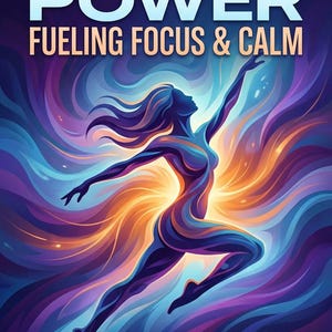 Può includere: Design di copertina di un libro con il titolo "IPERIMENOPAUSE POWER" in bianco e blu, con il sottotitolo "FUELING FOCUS & CALM" in arancione. Una silhouette di una donna in movimento è circondata da colori vorticosi di viola, blu e arancione. Il nome dell'autore, Ranjit Singh, è in basso.