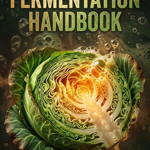 May include: Book cover for "The Cabbage Fermentation Handbook" featuring a detailed cabbage illustration. The cabbage is green and yellow, with visible layers and a bubbly liquid. The author's name, Ranjit Singh, is at the bottom of the cover.