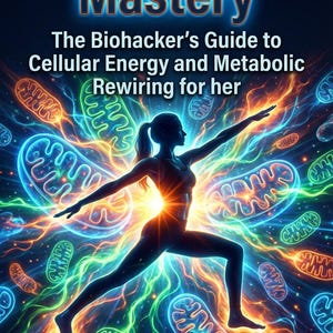 Op de afbeelding: Boekomslag voor "Mitochondrial Mastery" van Ranjit Singh. De omslag toont een silhouet met uitgestrekte armen, omringd door gloeiende energie en de tekst "The Biohacker's Guide to Cellular Energy and Metabolic Rewiring for her."