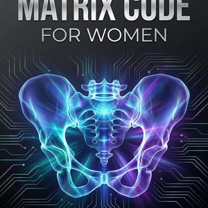 May include: Book cover with the title "The Bone Matrix Code For Women" in silver lettering. A glowing, blue and purple illustration of a pelvis is centered on a dark background with circuit board-like lines. The author's name, Ranjit Singh, is at the bottom.