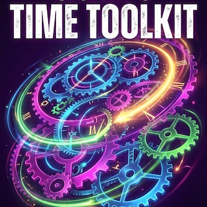 Op de afbeelding: Boekomslag met de titel "THE NEURODIVERGENT STUDENT'S TIME TOOLKIT" in witte tekst. De omslag toont een kleurrijke illustratie van tandwielen, klokken en pijlen in tinten blauw, groen, roze en geel tegen een donkerpaarse achtergrond. De naam van de auteur, Ranjit Singh, staat onderaan.