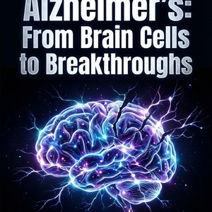 Può includere: Copertina del libro "Visualizing Alzheimer's: From Brain Cells to Breakthroughs" di Ranjit Singh. L'immagine presenta un'illustrazione stilizzata e luminosa di un cervello in tonalità blu e viola, su sfondo scuro, con effetti simili a fulmini.