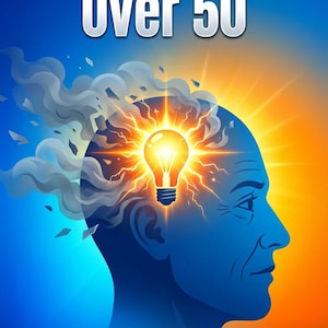 May include: Book cover with the title "Beat Brain Fog Over 50" in orange and white text. The image features a blue silhouette of a person's head with a glowing lightbulb inside, set against a blue and orange background. The author's name, Ranjit Singh, is at the bottom.