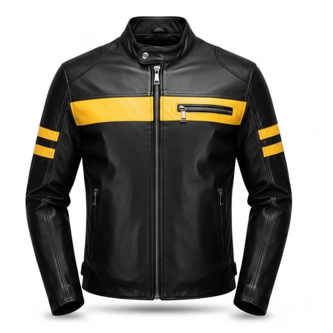 Yellow Racer Jacket Men's Black Leather Biker Jacket | Yellow Racing Stripe Moto Coat - Etsy
