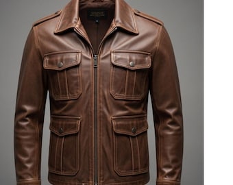 Men’s Brown Leather Field Jacket | Handmade Vintage Style Coat | Classic Four Pocket Outerwear