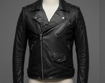 May include: A black leather jacket with a classic biker style. Features include an asymmetrical zipper closure, notched lapels, multiple zippered pockets, and quilted shoulder detailing. The jacket is displayed on a mannequin.