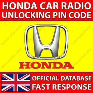 Może przedstawiać: Żółte tło z białym napisem "HONDA CAR RADIO UNLOCKING PIN CODE". Srebrne logo Hondy jest wyśrodkowane na żółtym tle, z czerwonym słowem "HONDA" poniżej. Na dole obrazu znajduje się tekst "OFFICIAL DATABASE FAST RESPONSE" i flaga Union Jack.