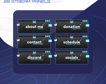 28 Neon Blue Butterfly Window Theme Twitch Stream Panels