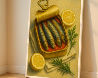 Vintage Sardines Oil Painting Print Kitchen Wall Art Food Still Life Coastal Retro Decor 300 DPI Printable Art Digital Download