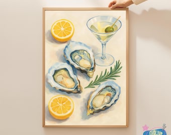 Martini and Oyster Art Print Coastal Kitchen Wall Art Lemons Cocktail Poster Beach House Dining Room Decor Digital Download Coastal Painting