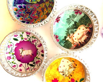 6 / 8 inch German silver Pichwai Trays with legs-Multicolored,Thamboolam trays,Cow print trays