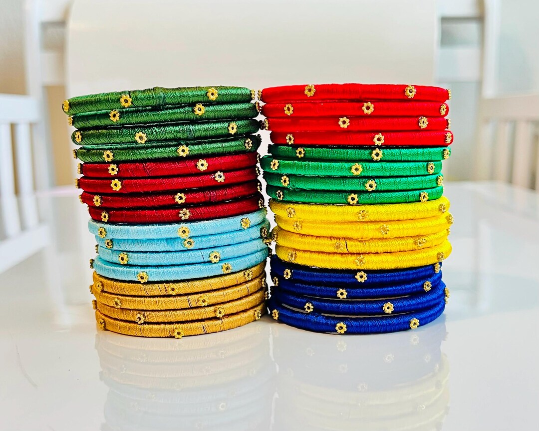 Handcrafted Silk Thread Bangles With Golden Bead Flowers (size 2.6 ...