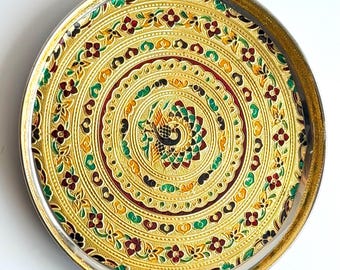Gold Peacock Meenakari Pooja Thali | Handcrafted Indian Tray