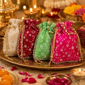 May include: Four drawstring pouches in cream, deep red, bright green, and hot pink, each featuring a delicate silver floral pattern and a gold cord with pearl-like beads. The bags are arranged on a large, ornate gold-toned metal serving tray.