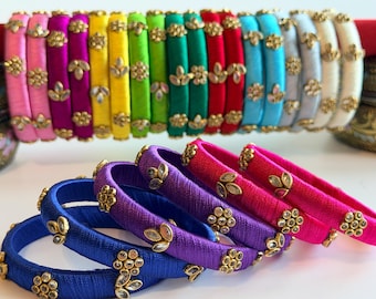 Handcrafted Silk Thread Bangles with Golden Bead Flowers (Size 2.6) | Return gifts |