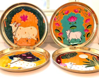 Pichwai Brass Plate | Lotus Floral & Cow print , Indian Decor | Return Gifts