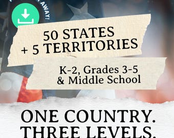Paket „50 Bundesstaaten & 5 Territorien“ für verschiedene Altersgruppen | Kindergarten bis 2. Klasse, 3. bis 5. Klasse + Mittelstufe | Geographie für den Heimunterricht