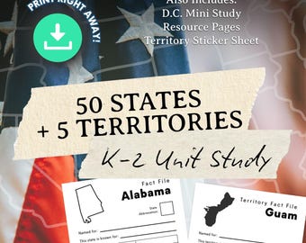 Unterrichtseinheit: 50 Bundesstaaten und 5 Territorien | Geografie der USA (Klasse 1–2) | Arbeitsblatt für den Heimunterricht | Faktenblätter zu den Bundesstaaten