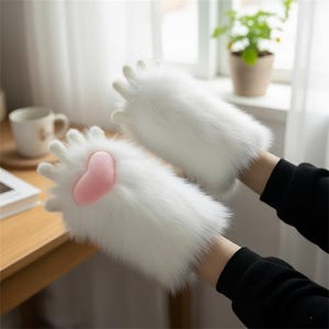 Könnte beinhalten: Ein Paar weiße, flauschige Fäustlinge in Form von Katzenpfoten. Jeder Fäustling hat ein rosa herzförmiges Polster auf der Handfläche. Die Fäustlinge sind aus weichem Kunstfell gefertigt.