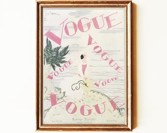 Timeless Vintage Vogue Poster Print | Summer Fashion Wall Art | Coastal Chic Decor | Elegant Vogue Illustration