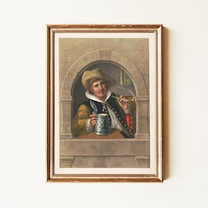 Vintage Tavern Painting | Man Drinking Beer Smoking Pipe Mailed Print | Old World Pub Scene | Rustic Interior Wall Art | Mailed Print