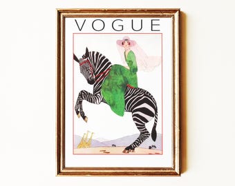 Timeless Vintage Vogue Poster Print | Zebra Fashion Wall Art | Bold Colorful Decor | Designer Style Artwork | Mailed Print