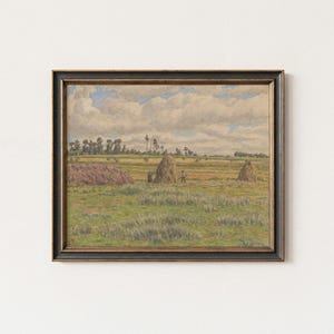 Cuadro vintage de rastrillaje de heno en granjas / Impresión enviada por correo con escena de granja americana antigua / Decoración de pared rústica americana