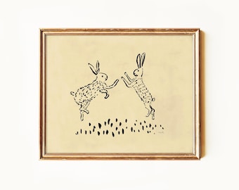 Vintage Boxing Hares Ink Print | Timeless Whimsical Hare Decor | Classic Cottagecore Bunny Print | Mailed Artwork