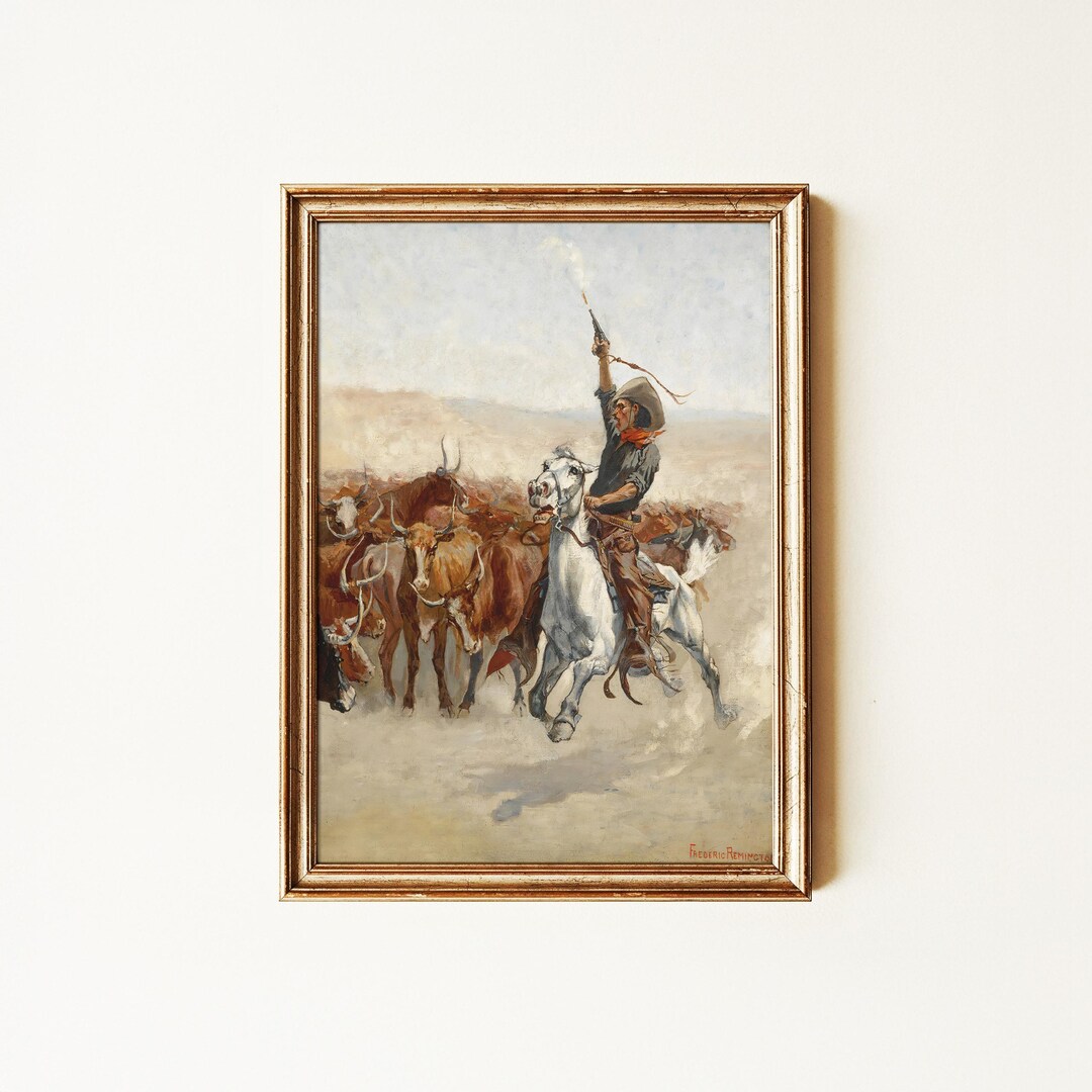 Cowboy on Horseback With Cattle Painting | Old West Cowboy Art Print ...
