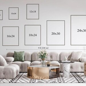Puede incluir: Una exhibici&oacute;n de pared con nueve marcos rectangulares de varios tama&ntilde;os etiquetados como 8x10, 8x12, 11x14, 12x18, 16x20, 16x24, 18x24, 20x30 y 24x36 pulgadas. El conjunto se sit&uacute;a sobre un sof&aacute; modular beige y una mesa de centro dorada.