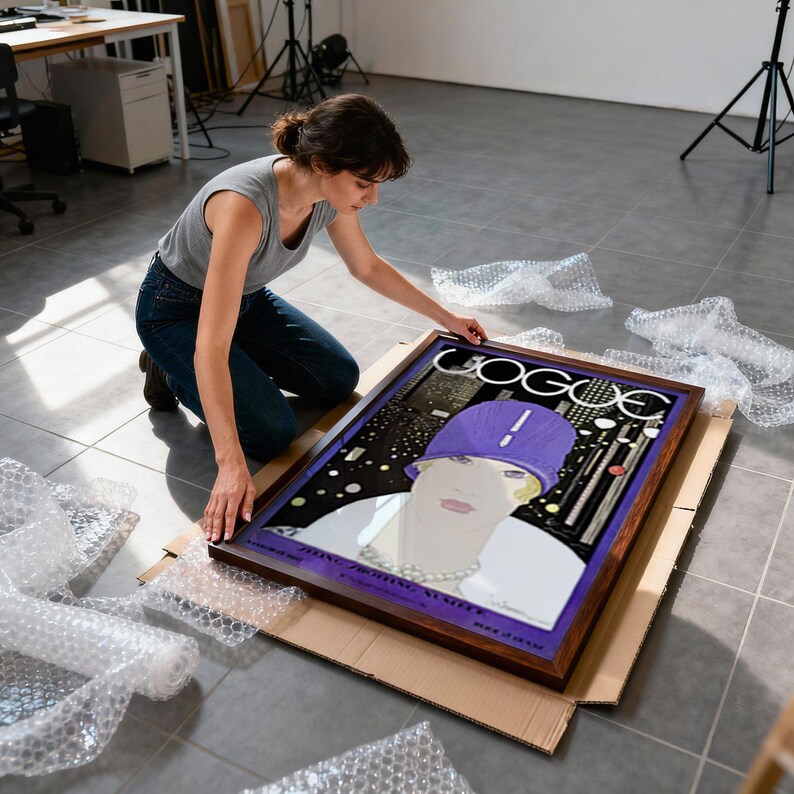 May include: A framed rectangular wall art print featuring a stylized illustration of a person wearing a purple cloche hat and a white fur collar, with the word VOGUE printed at the top in white lettering against a dark, city-inspired background.