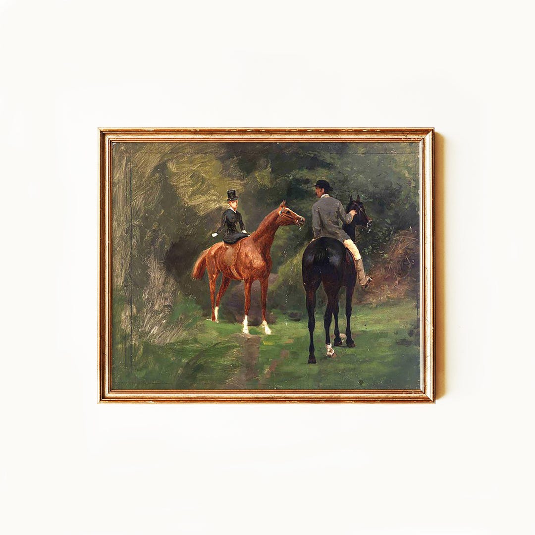 Vintage Equestrian Couple Painting | Antique Horse Riding Wall Art ...