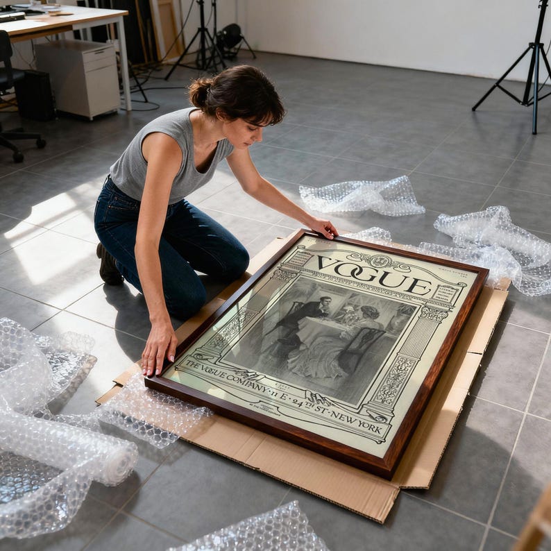 Op de afbeelding: Een ingelijste vintage Vogue tijdschriftomslag met een zwart-wit illustratie van een stel aan een eettafel. De print zit in een donkerbruine houten lijst en bevat de tekst VOGUE en THE VOGUE COMPANY 11 E 24TH ST NEW YORK.