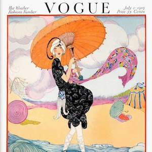 Puede incluir: Una portada de revista Vogue vintage del 1 de julio de 1919, titulada Hot Weather Fashions Number. Presenta la ilustraci&oacute;n de una persona con vestido negro y turbante blanco sosteniendo una gran sombrilla naranja en una playa con bufanda rosa.