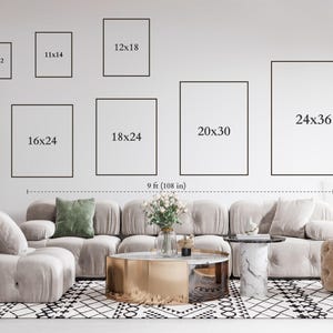 May include: A wall display guide featuring eleven rectangular frames with dimensions in inches: 8x10, 8x12, 11x14, 12x18, 16x20, 16x24, 18x24, 20x30, and 24x36. A dashed line indicates a width of 9 ft or 108 inches above a beige modular sofa.