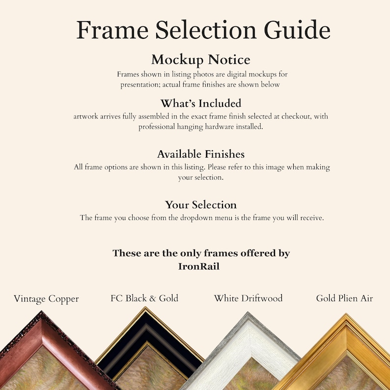 May include: A Frame Selection Guide with text detailing mockup notices, inclusions, and finishes. Four frame corners are displayed at the bottom labeled Vintage Copper, FC Black & Gold, White Driftwood, and Gold Plien Air by IronRail.