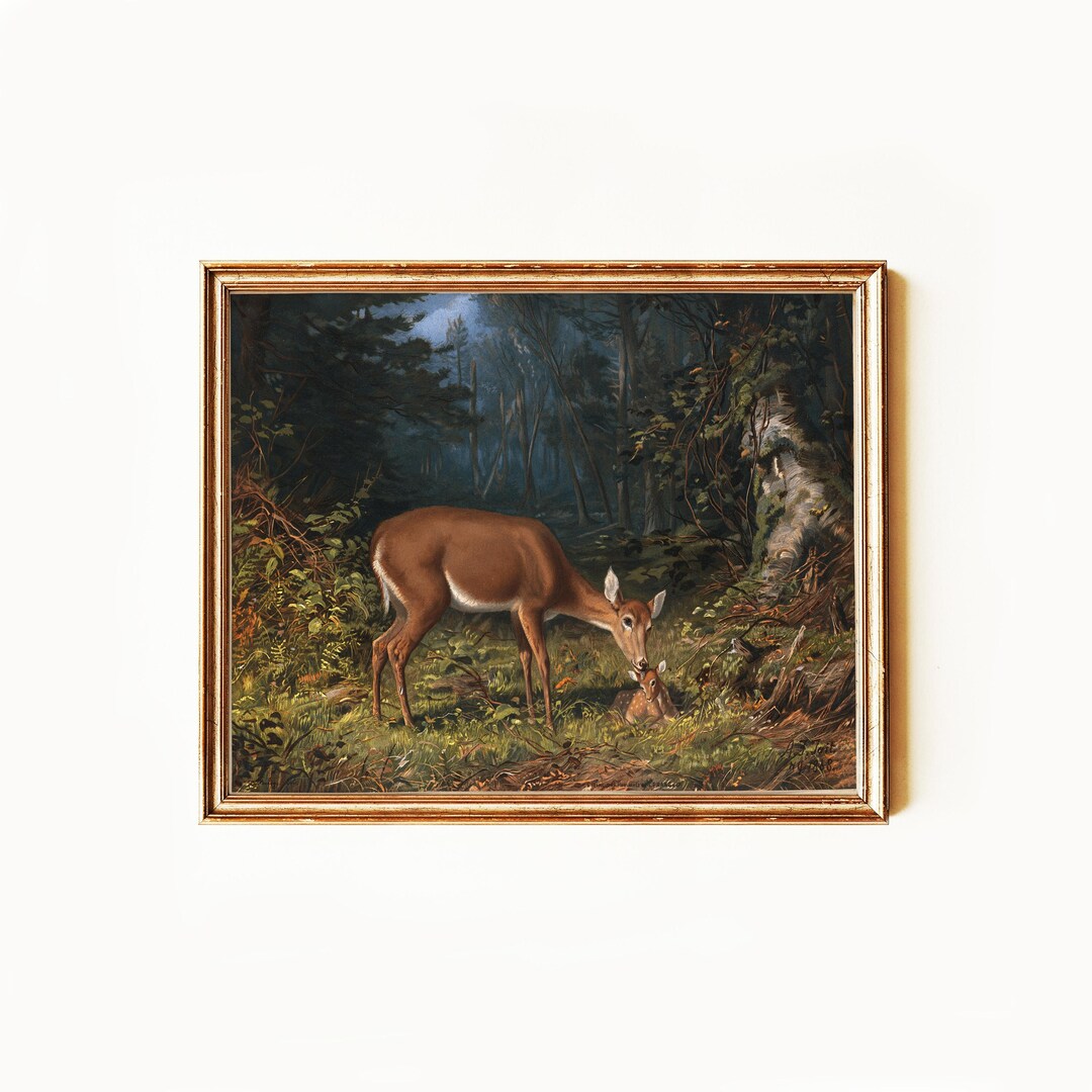 Doe and Fawn Night Art Print | Vintage Deer Painting | Forest Wildlife ...
