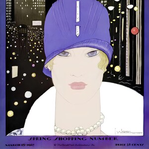 May include: A vintage magazine cover illustration featuring a person wearing a purple cloche hat and a pearl necklace. The background depicts a dark city street at night with glowing lights. Text at the bottom reads SPRING SHOPPING NUMBER MARCH 15 1927.