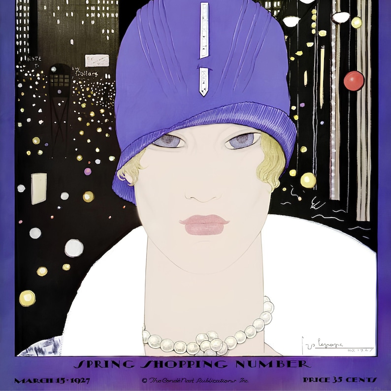 May include: A vintage magazine cover illustration featuring a person wearing a purple cloche hat and a pearl necklace. The background depicts a dark city street at night with glowing lights. Text at the bottom reads SPRING SHOPPING NUMBER MARCH 15 1927.